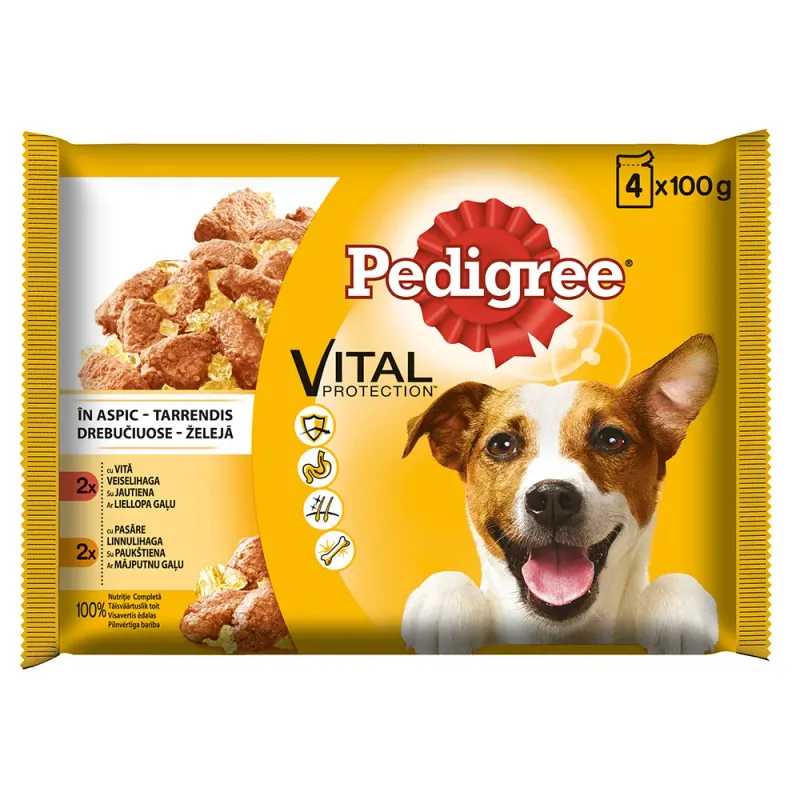 Pachet hrana umeda pentru caini Pedigree Vital Protection cu vita si pasare 4x100g