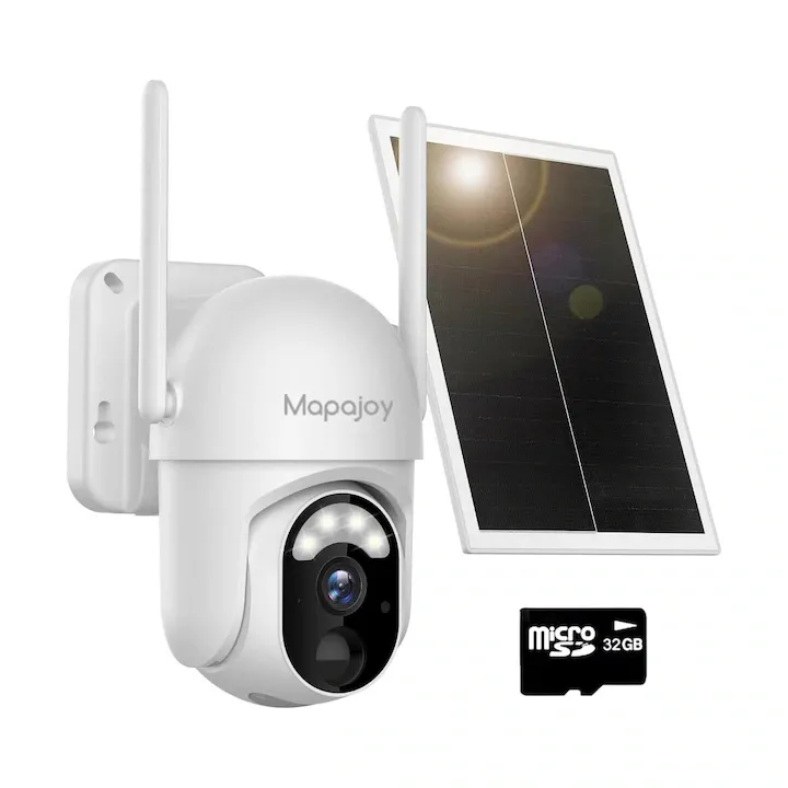 Camera de supraveghere cu panou solar Mapajoy, Conexiune 4G, FullHD 3MP, Acumulatori 10400mAh, Card SD inclus, Functie rotire, Comunicare bidirectionala, Detectie miscare, Color Night Vision, Zoom 4x, IP66, Alb