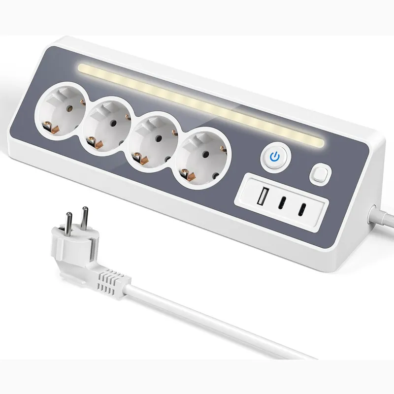 Prelungitor 8-in-1, 4 prize, 1 USB-A, 2 USB-C, H05VV-F 3G1.0mm², 3680W/16A, 220V-250V, cu LED, protectie copii, Lumina de veghe, 1.5m，alb, cu protectie la supratensiune, stecher multifunctional pentru bucatarie si birou