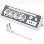 Prelungitor 8-in-1, 4 prize, 1 USB-A, 2 USB-C, H05VV-F 3G1.0mm², 3680W/16A, 220V-250V, cu LED, protectie copii, Lumina de veghe, 1.5m，alb, cu protectie la supratensiune, stecher multifunctional pentru bucatarie si birou