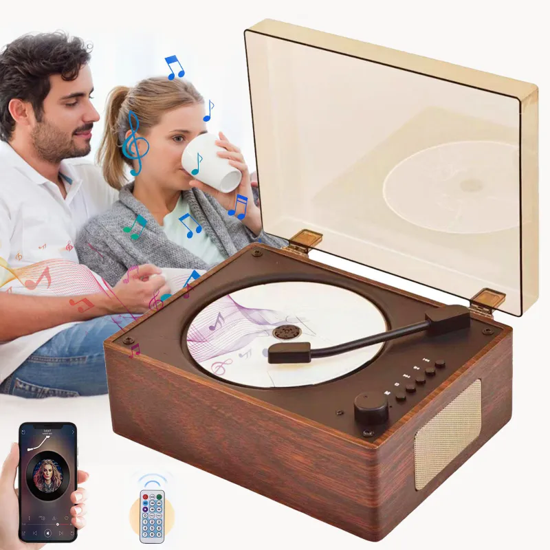 EXCITAT® CD Player Portabil din Lemn de Nuc, Design Retro cu Bluetooth 5.0, Player Muzical Reincarcabil cu Telecomanda, Suport USB/AUX/Jack 3.5 mm