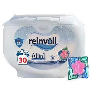 Detergent de rufe capsule Reinvoll All in One Pods, anti pete, delicat cu pielea sensibila, indepartare eficienta a petelor, parfum de lunga durata, 30 Spalari