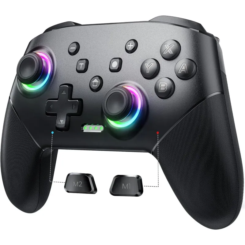 Controller Wireless compatibile cu Switch Lite/OLED/PC, Bluetooth, RGB, LED 9 Culori, Turbo Ajustabil, Vibratii, cablu USB Type C, negru