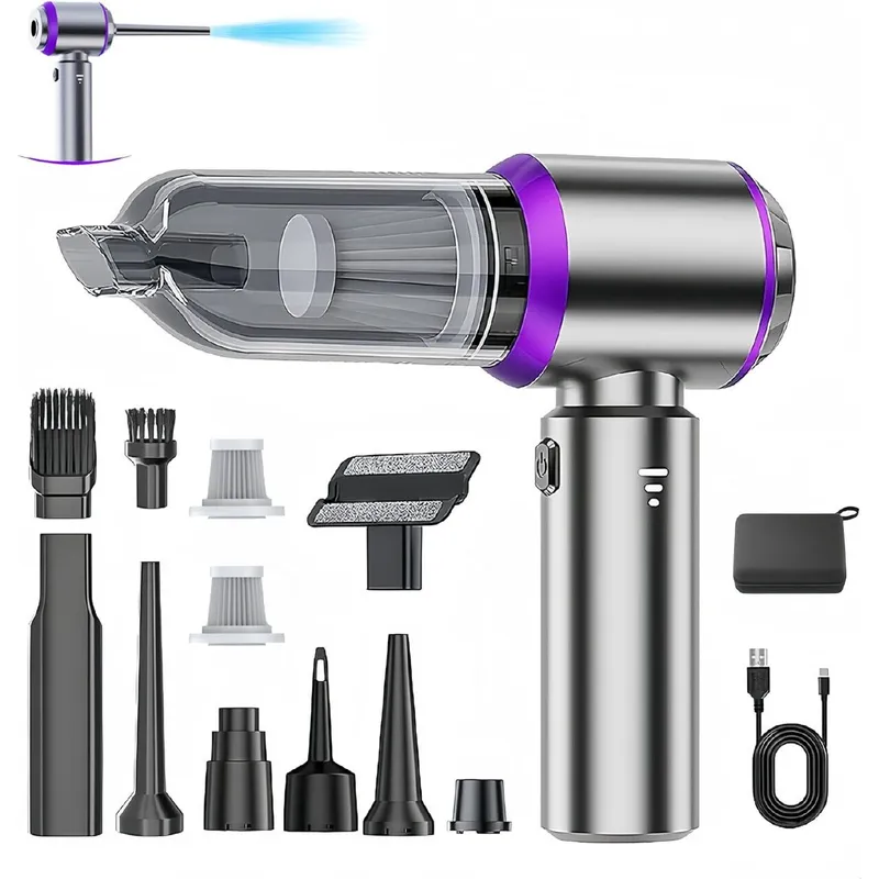 Aspirator auto de mana portabil, 16000PA, 100W, Motor fara perii Reglare cu 3 viteze 1* TYPE-C incarcare rapida 1* geanta de stocare,6000mAh, suflare si aspiratie trei in un