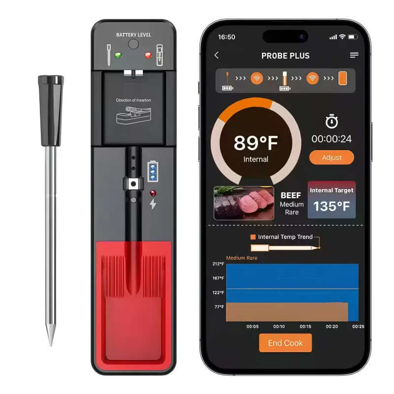 Termometru de Bucatarie Wireless, Termometru Inteligent de Bucatarie pentru Carne, cu Monitorizare prin Aplicatie Dedicata pe Telefon si conectare Bluetooth, Rezistent la apa, Utilizare la Cuptor, Grill, Tigaie si Rotisor