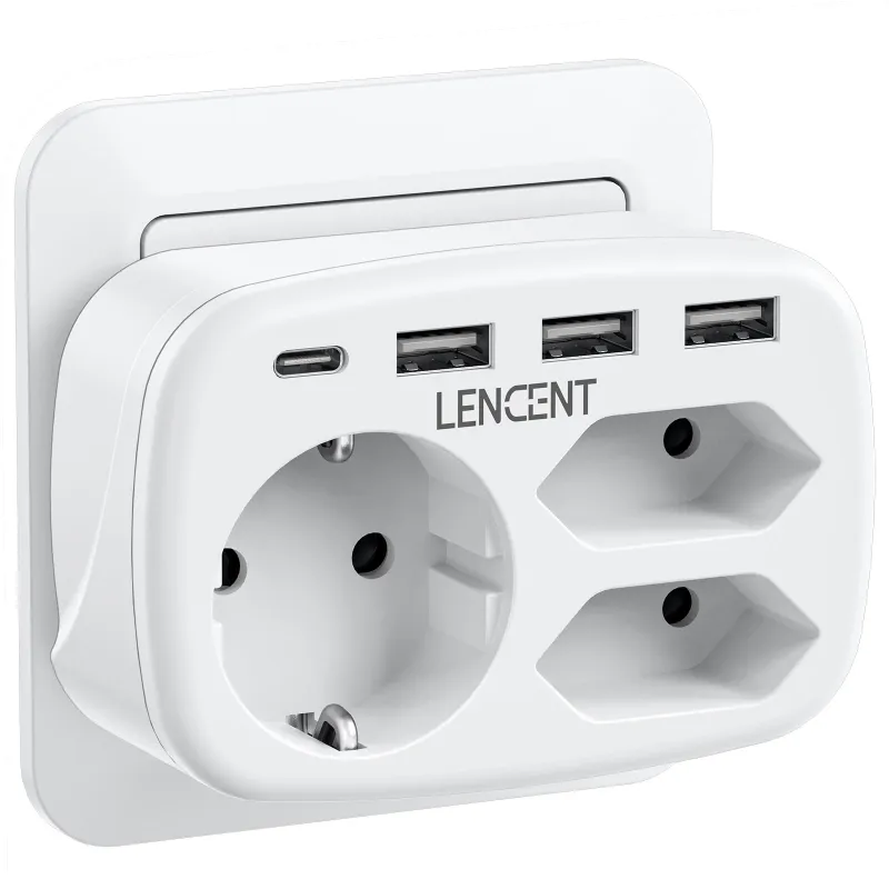 Stecher Priza de perete cu USB LENCENT®, MAX 4000W,750 ℃ rezistent la foc, Protectie Supratensiune si Siguranta Copii, Marcaj CE,1 Schuko +2 Tip C Euro Prize,3 USB A&1 USB C, Compact Extensie stecher priza cu USB, Casa si Birou