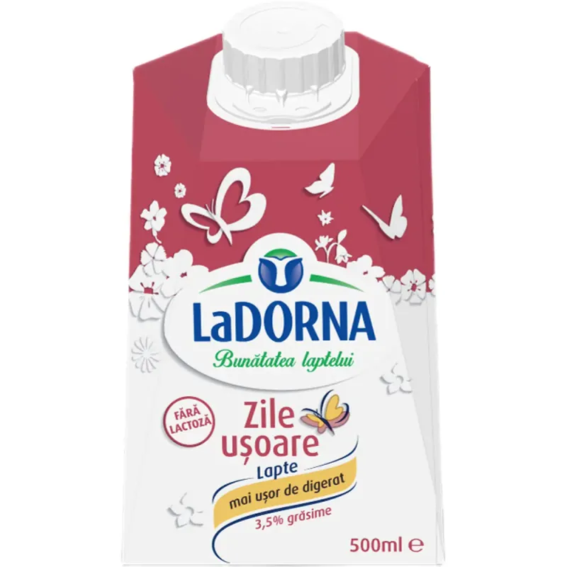 Lapte de consum integral LaDorna Zile Usoare, fara lactoza, 3.5% grasime, 500 ml