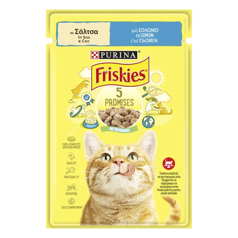 Hrana umeda pentru pisici adulte Purina Friskies, somon in sos, 85 g