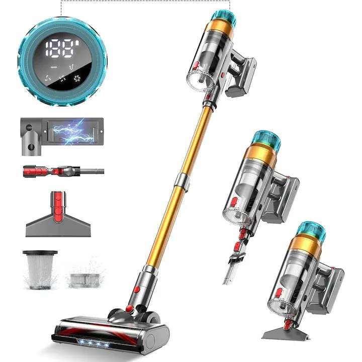 Aspirator Vertical Fara Fir OVELY 600W, 55Kpa, Autonomie pana la 60 de minute, Ecran OLED Color, Sistem Anti-Incalzire, Montare pe Perete, Ideal pentru Podele Dure, Covoare, Masina, Par de Animale
