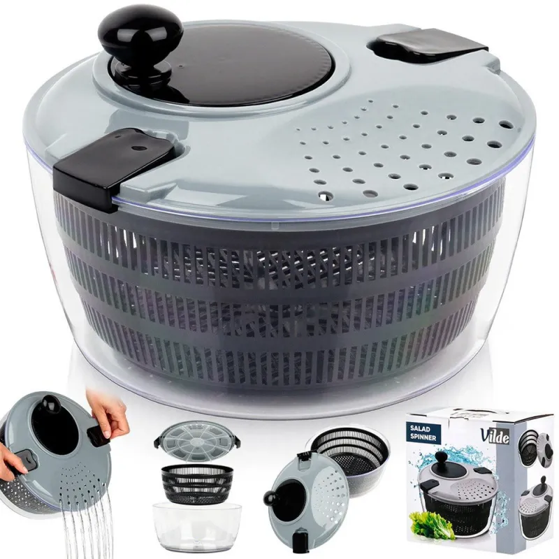 Centifuga Pentru Uscat Salata, Vilde, 26x24.5x16.5 cm, Bol Din Material Rezistent, Transparent, Cos Negru, Capac Gri Cu Elemente Negre, Capacitate Maxima A Bolului 4 L, Usor De Curatat Toate Partile Se Pot Demonta Si Spala Manual, Transparent/Negru/Gri