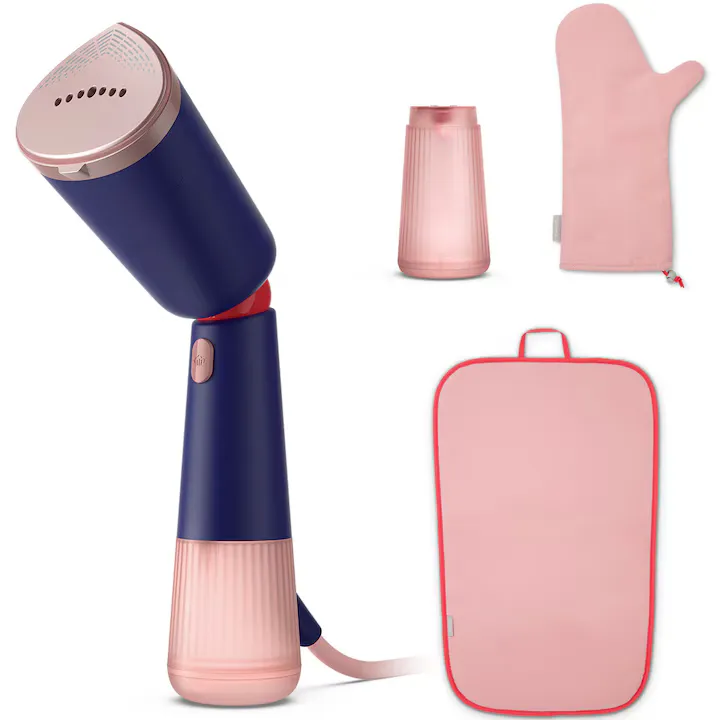 Aparat de calcat vertical portabil Philips STH5030/20 Seria 5000, 1300W, debit de abur 24 g/min, rezervor de apa 120 ml + rezervor suplimentar 200 ml, cap reglabil pentru calcare verticala/orizontala, saculet depozitare/ manusa, StyleMat, albastru