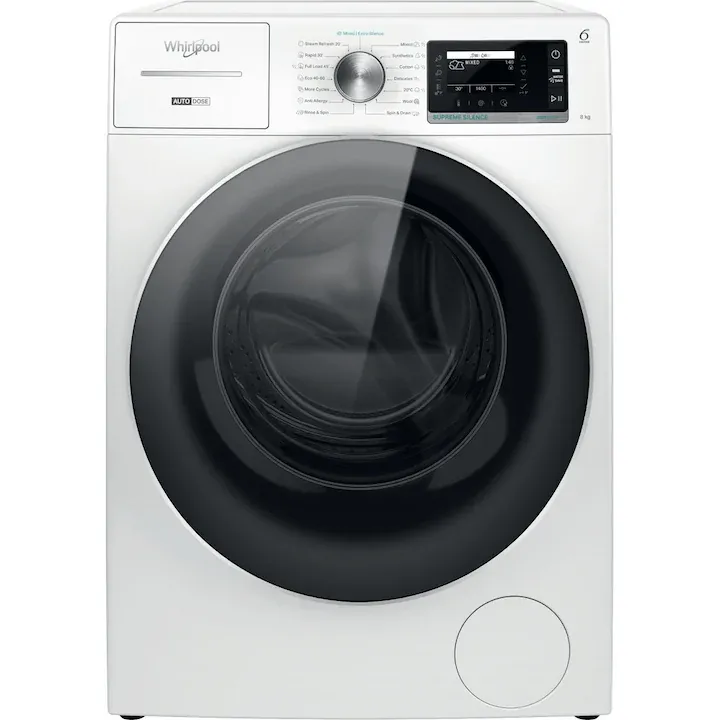 Masina de spalat rufe Whirlpool W8X 89AD SILENCE EE, 8 kg, 1400 rpm, FreshCare+, Autodose, Steam Hygiene, Tehnologie al 6-lea Simt, Clasa A, Alb