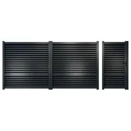 Porti metalice din aluminiu, set poarta pietonala (stanga) si poarta auto, Jaluzea Ranforsata, gri antracit (RAL 7016), 4400 x 1800 mm