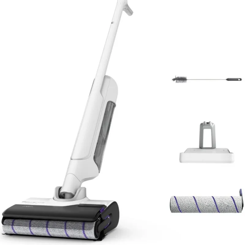 Aspirator vertical fara fir cu spalare Rowenta X-Clean 10 GZ7540WO, 200W, 550 RPM, pana la 60 min autonomie, ecran LED, functie uscare & autocuratare, baza de incarcare cu suport accesorii, compatibil cu detergenti, alb & argintiu
