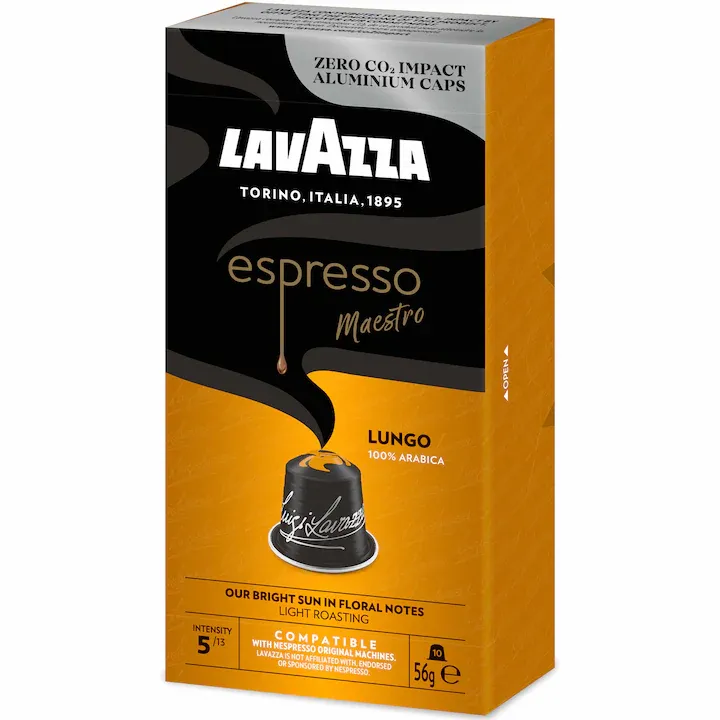 Cafea capsule Lavazza Lungo, compatibile Nespresso, aluminiu, 10x5,7g