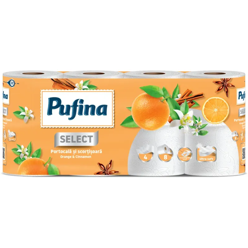 Hartie igienica Pufina Select, portocala si scortisoara, 8 role, 4 straturi