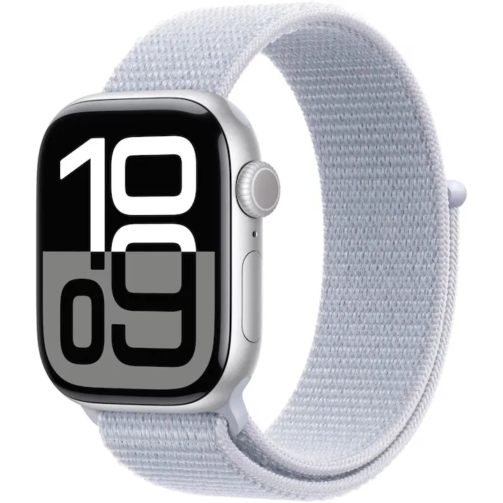 Apple Watch 10 GPS, Carcasa Silver Aluminium 42mm, Blue Cloud Sport Loop