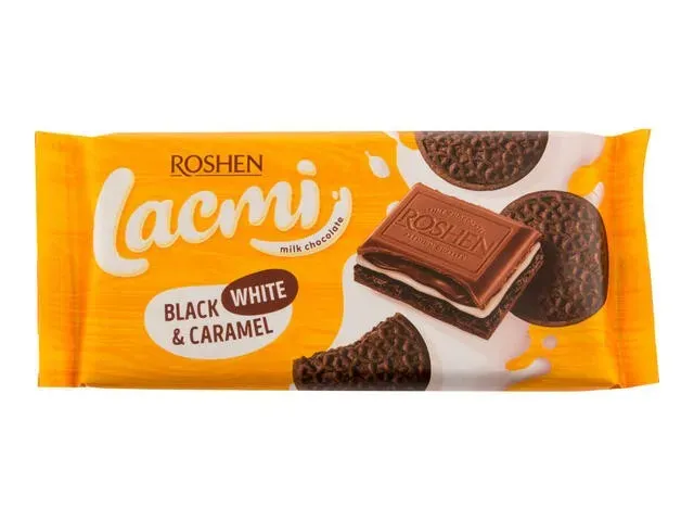 Ciocolata cu umplutura de lapte, caramel si biscuiti cu cacao Roshen Lacmi, 100 g