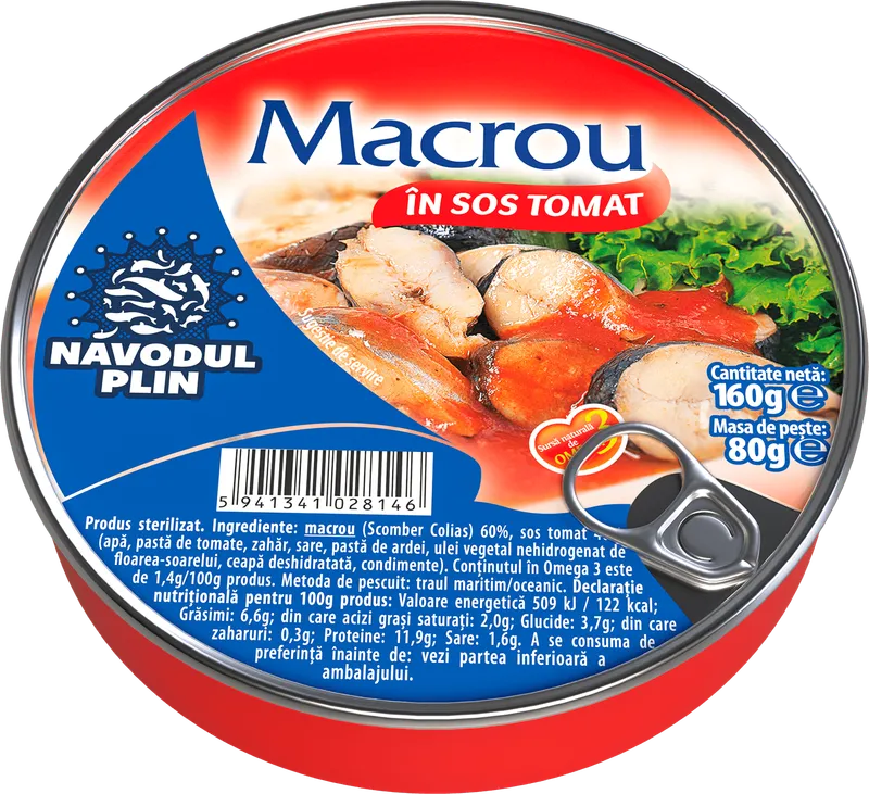 Macrou in sos tomat Navodul Plin, 160 g