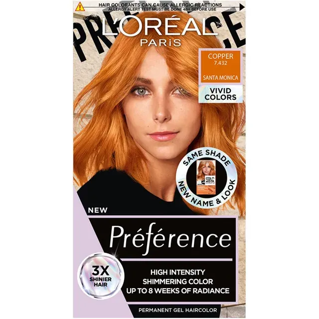 Vopsea de par permanenta cu amoniac L'Oreal Paris Preference Vivid Colours 7.432 Copper, 204 ml
