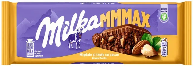 Ciocolata cu lapte, migdale si trufe cu cacao Milka MMMAX, 300 g