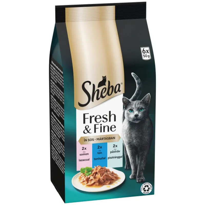 Hrana umeda completa pentru pisici adulte Sheba Fresh & Fine, somon, ton si pastav, 6 x 50 g