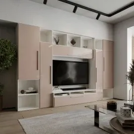 Biblioteca living Sydney, alb + cappuccino lucios, 322 cm, 8C