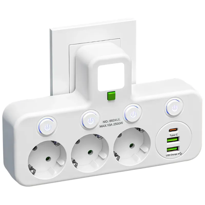 Priza Multipla 7-in-1, sktonefly®, 2500W, 3 Prize, 2xUSB-A/1xUSB-C, 4 Intrerupatoare Individuale, Lumina de Veghe, Protectie Suprasarcina si Copii, Design Fara Cablu, Pentru Birou, Casa, Alb