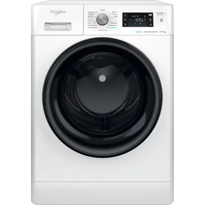 Masina de spalat rufe cu uscator Whirlpool FreshCare+ FFWDB 976258 BV EE, 9 kg Spalare / 7 kg Uscare, 1600 rpm, Clasa E, Tehnologia al 6-lea Simt, Motor Inverter, Display Digital, Alb/Negru