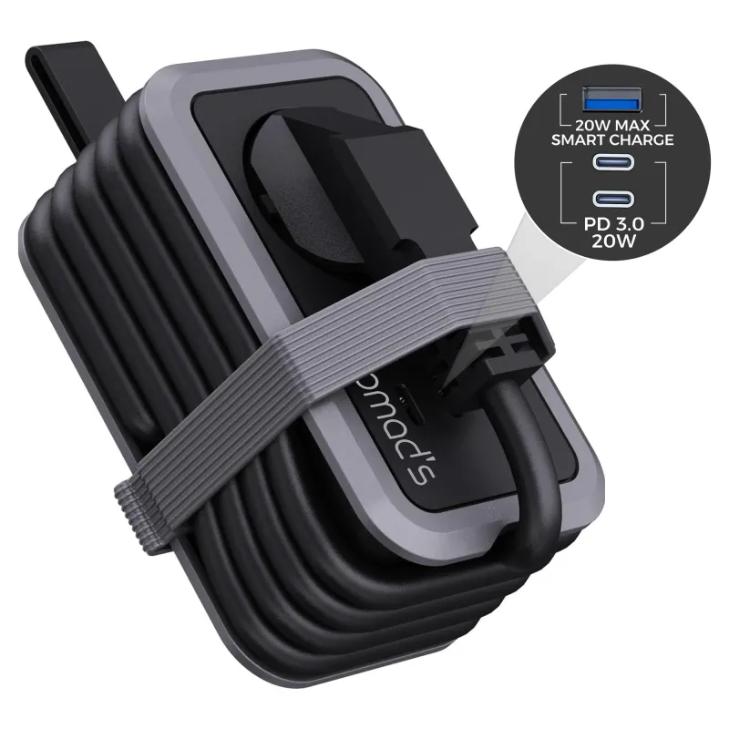 Prelungitor Compact de Calatorie NOMAD’S 4-in-1, Cablu Type-C Integrat (50cm) in Nisa, 1x Priza AC + 2x USB-C + 1x USB-A, Incarcare Rapida, Protectie Supratensiune, 4000W/16A, Design Portabil, Ideal pentru Birou si Vacanta, Gri