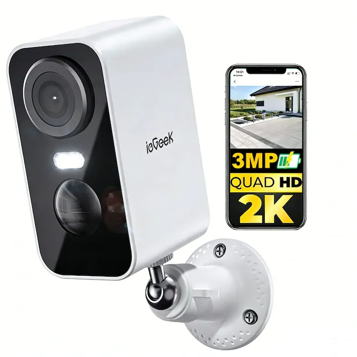 Camera de supraveghere wireless ieGeek 2K 3MP pentru exterior, vedere nocturna color, cu spotlight si sirena, audio bidirectional, detectare AI, 5200mAh baterie, Usor de setat, alba