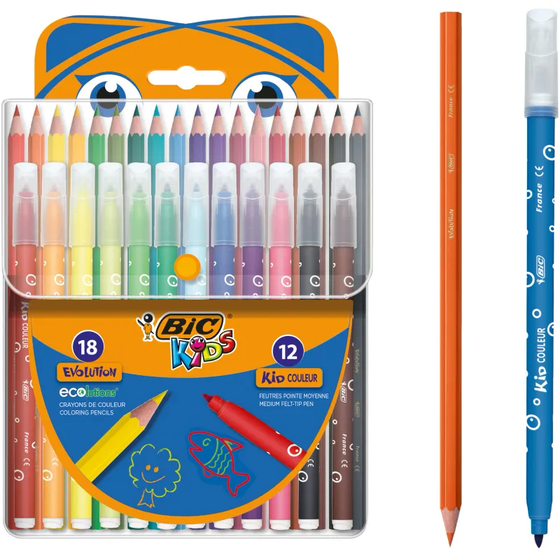 Set mixt Creioane Colorate Bic Evolution 18 bucati si Carioci 12 bucati,