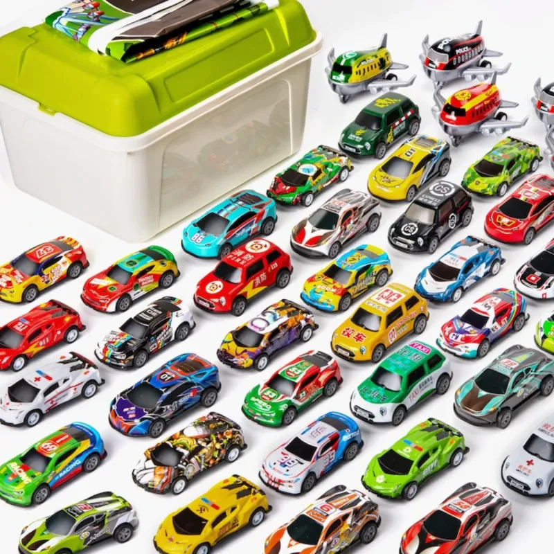 Set 50 masinute, masina de jucarie Push and Go, Simply Joy®, include 3 avione si o harta, Multicolor, cadou pentru baieti si fete de 3 ani +