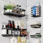Raft de Dus Elindor® Etajera de Baie, Polita cu Adeziv, Suport Prosop si Sapun, din Inox, Organizator Baie sau Etajere Depozitare in Bucatarie, Set 5 Rafturi de Dus, Accesorii, Negru