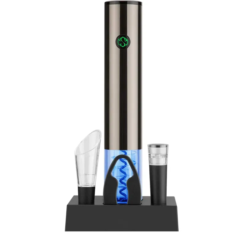 Tirbuson Electric pentru Vin, cu Baza Reincarcabila, Accesoriu Taiat Folie, Aerator, Dop Pompa Vid, 4 Acumulatori, Notificare Baterie, One-Touch, Automat, Inox