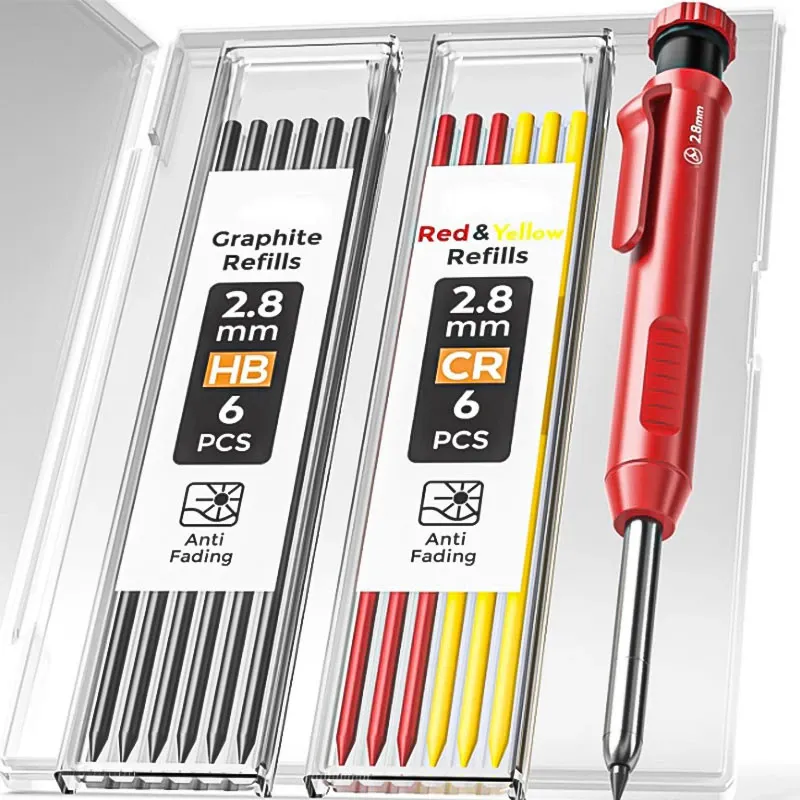 Set creioane pentru tamplarie, Excitat®, 2.8mm, 12 rezerve, Ascutitor, Corp din rezistent, Ergonomice, Grip confortabil, ABS/Metal, 14.5x1.2x1.2cm, Rosu