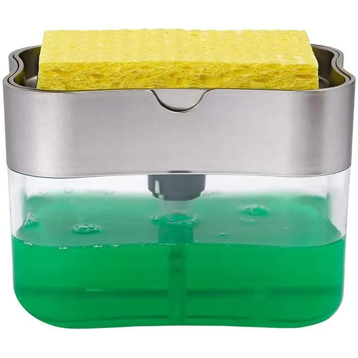Dozator, Dispenser 2 in 1 pentru Detergent Lichid de Vase sau pentru Obiecte Sanitare cu Suport pentru Burete de Bucatarie, transparent, 380 ml, 13x10x11 cm
