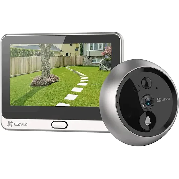 Camera de supraveghere si sonerie Ezviz DP2C, 2MP, Viziune nocturna IR5m, Baterie 4600mAh, Ecran color de 4.3", Unghi larg de 155°, Senzor PIR, Audio bidirectional, Microfon, Senzori de temperatura si lumina, Stocare MicroSD 256GB si Ezviz CloudPlay