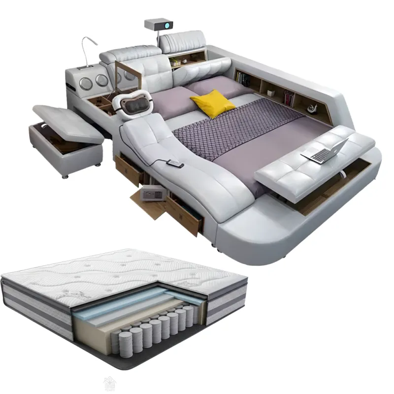 Pat, dormitor, inteligent multifunctional King Size 180×200 cm, cu saltea premium 30 cm, masaj, proiector, boxe Bluetooth, incarcator wireless si spatiu de depozitare – piele ecologica bej cald