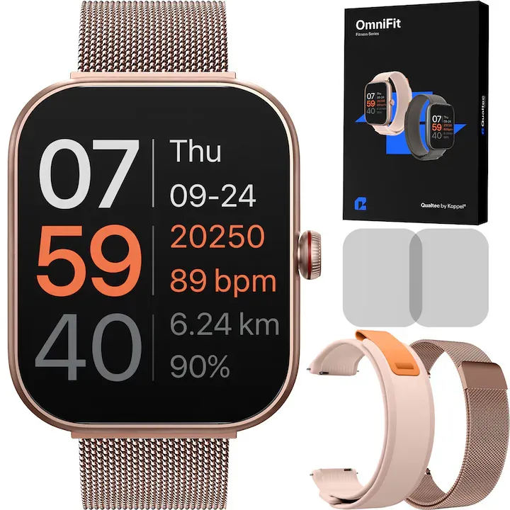 Ceas smartwatch dama, Qualtec by Koppel®, inteligent, fitness, sport, rezistent apa, functie smart numarat pasi, notificari, ecran 1.91", wireless, apelare Bluetooth 5.3, microfon HD, monitorizare somn, limba romana, 2 bratari incluse, OmniFit, roz