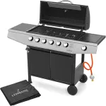 Gratar pe gaz cu 6+1 arzatoare, Lehmann Vegas, termometru incorporat, suprafata de gratar 33x72cm, husa gratar, furtun si regulator incluse, 141x50x102cm, fonta, negru