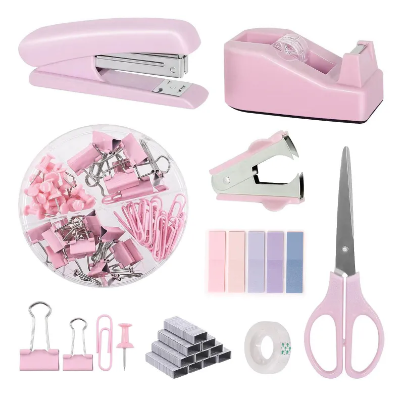Set utilizare la domiciliu sau de birou 11 bucati, Axroad Mall, Set Capsatoare si decapsatoare, inclusiv distribuitor de banda, extractor de capse, foarfece, 1000pcs capse, cleme, cleme de hartie, banda, Roz