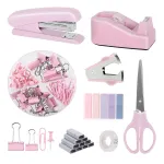 Set utilizare la domiciliu sau de birou 11 bucati, Axroad Mall, Set Capsatoare si decapsatoare, inclusiv distribuitor de banda, extractor de capse, foarfece, 1000pcs capse, cleme, cleme de hartie, banda, Roz