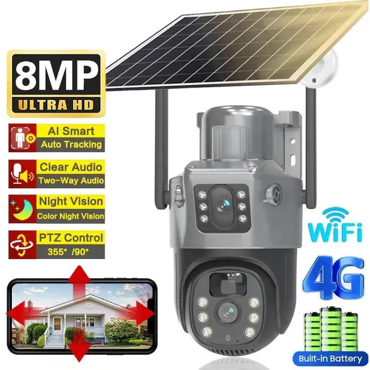 Camera Solara Smart AI VisionX Pro Supraveghere Video 4G SIM Panou Solar 18W Dual Lens 4k 8MP Ultra Autonomie 22h IP66 + Bonus Card MicroSD 64GB PTZ Control Dual Hight Smart Night Vision Lens Detectie Umana Alarma Instant Notificare