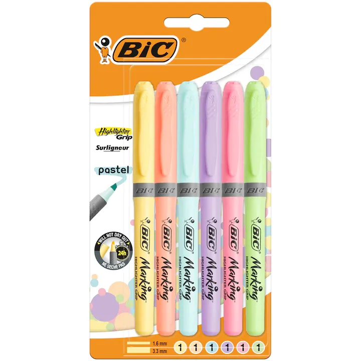 Evidentiator Brite Liner Grip Pastel Bl/6 - bleu. galben pal. roz pal. lime. violet. corai, BIC