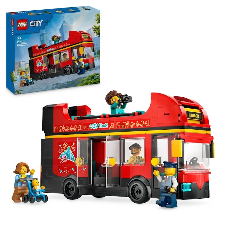 Set de constructie LEGO® City - Autobuz turistic rosu cu etaj 60407, 384 piese, Jucarii pentru Copii, Jucarii pentru Baieti de 7+ ani, Autobuz de Jucarie, Cadouri pentru Baieti Pasionati de Jocuri Interactive cu Masini