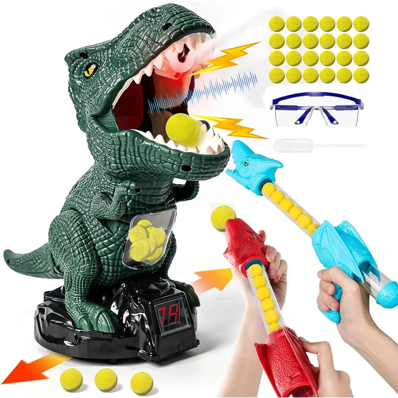 Jucarie interactiva tragere la tinta Dinozaur, Joc cu tinte mobile, 2 Pusti, 24 Mingi cu Spuma, Pulverizare apa, ecran LED cu Scor si sunete, 2 Ochelari de protectie, pentru copii 5-12 ani