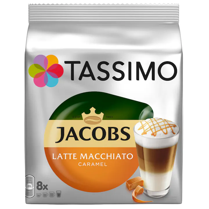 Cafea capsule, Jacobs Tassimo Caramel Macchiato, 8 buc x 295 ml, 8 capsule specialitate cafea + 8 capsule lapte, 268 g