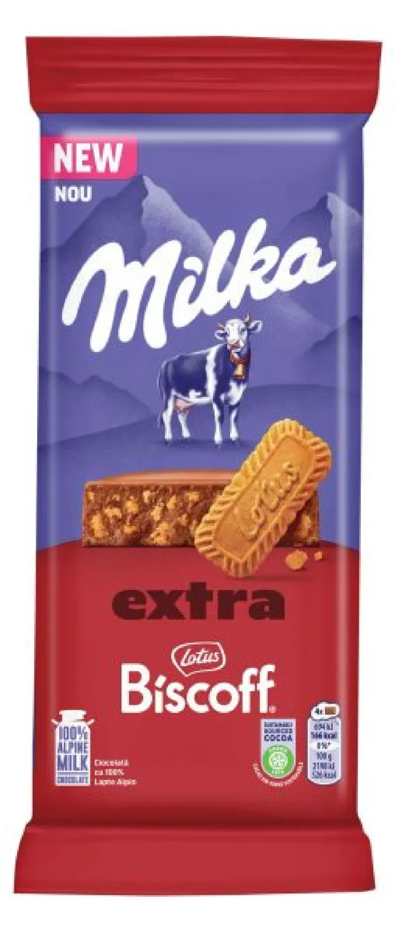 Ciocolata cu bucatele de biscuiti caramelizati si lapte alpin Milka, 190 g