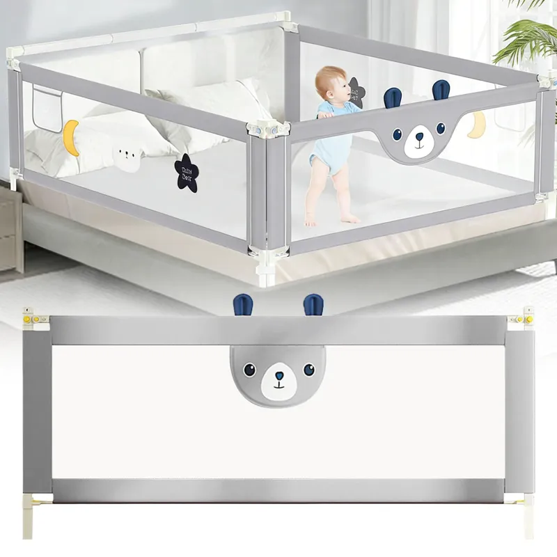 Bariera de Protectie pentru Pat, Bariera protectie pat, 198x70cm, inaltime reglabila 72-103 cm, 30 de trepte de ajustare, Multi Compatibil, Plasa Respirabila, Margini Captusite, Husa Detasabila cu Fermoar, Gri